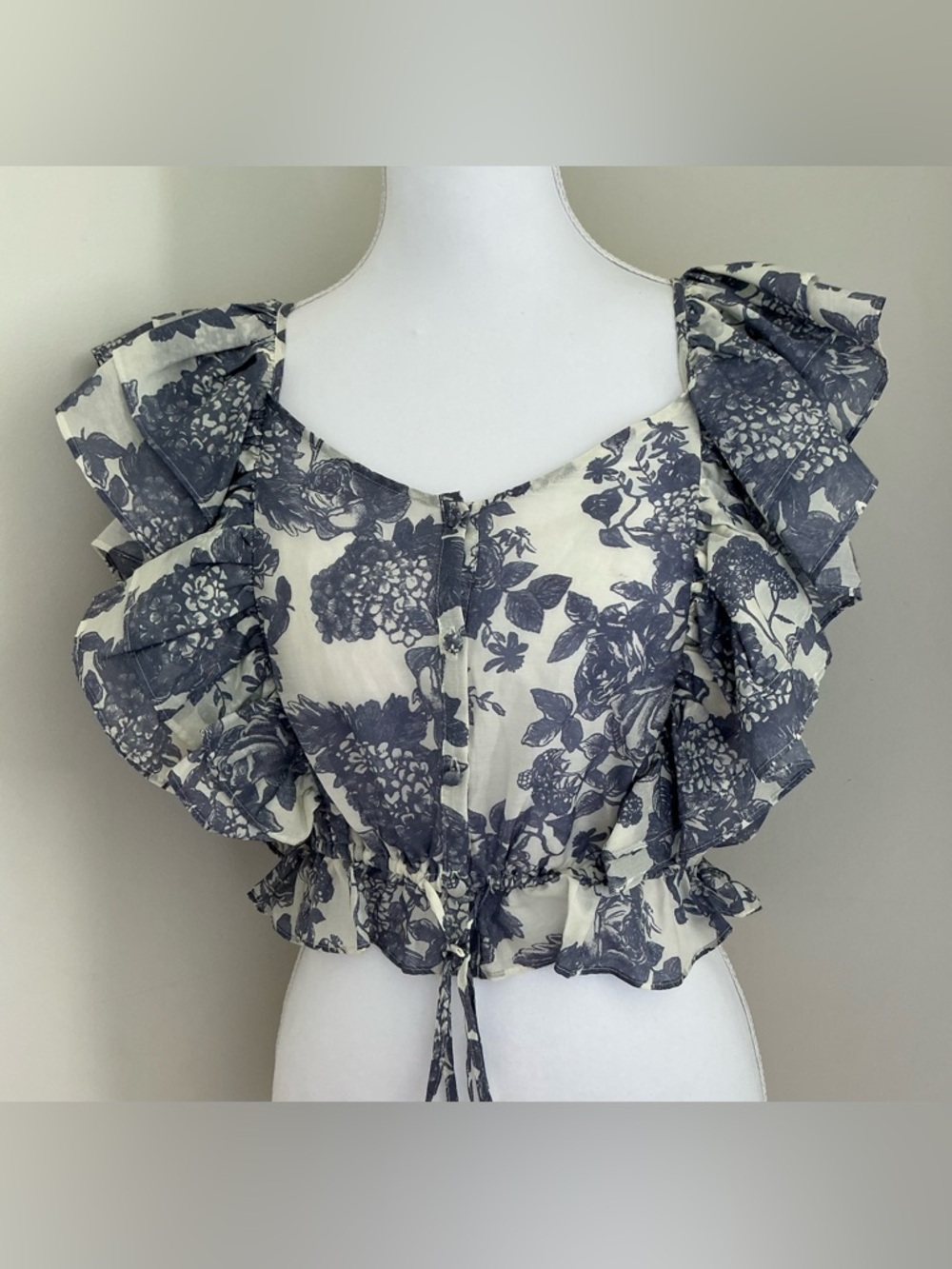 LoveShackFancy Cream Crop Top with Blue Floral Print and Ruffles